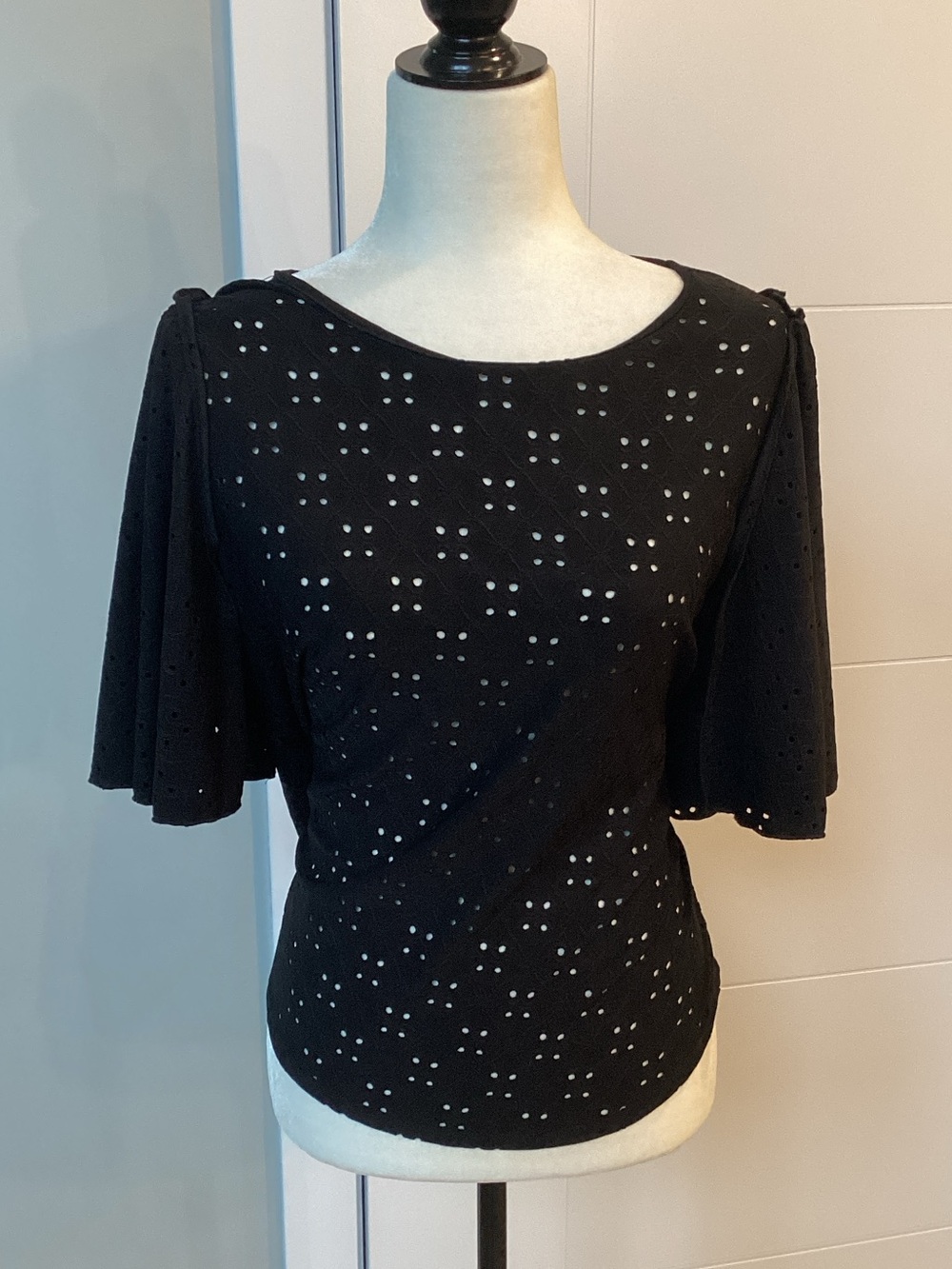 Black Eyelet Flutter-Sleeve Tee